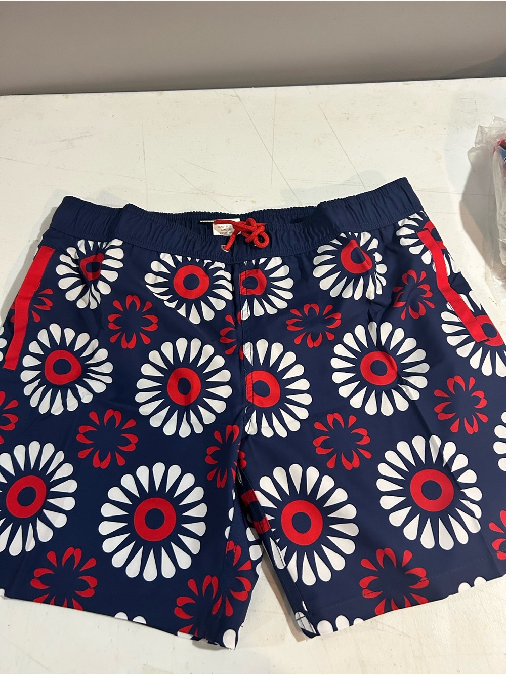Men's Navy Floral Swim Board Shorts with Red & White Daisy Print Phish donuts
